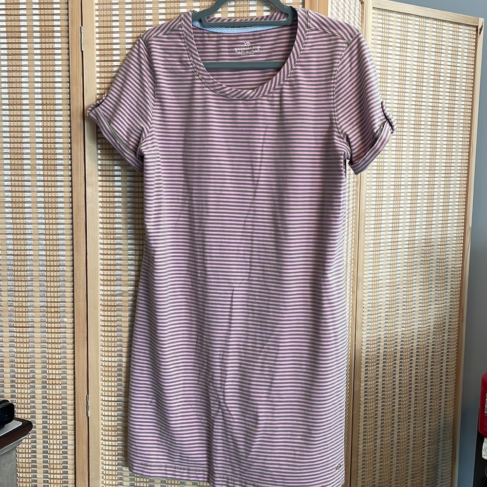Super cute summer tee style dress! Pink and olive striped, lovely comfy stretchy